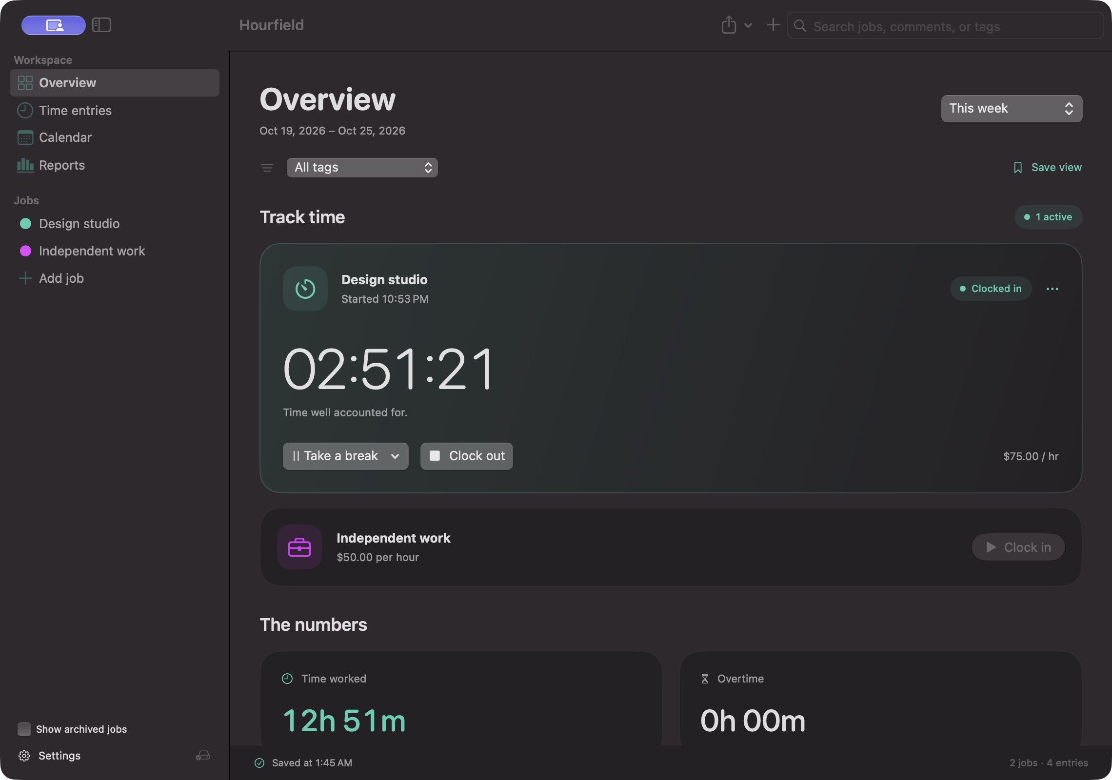 Hourfield on Mac: the Overview with a running Design studio timer, a second job ready to clock in, and weekly totals.