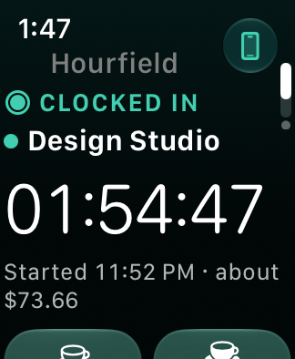 Hourfield on Apple Watch: clocked in to Design Studio with a large running timer, the start time, an estimated pay amount, and break buttons.
